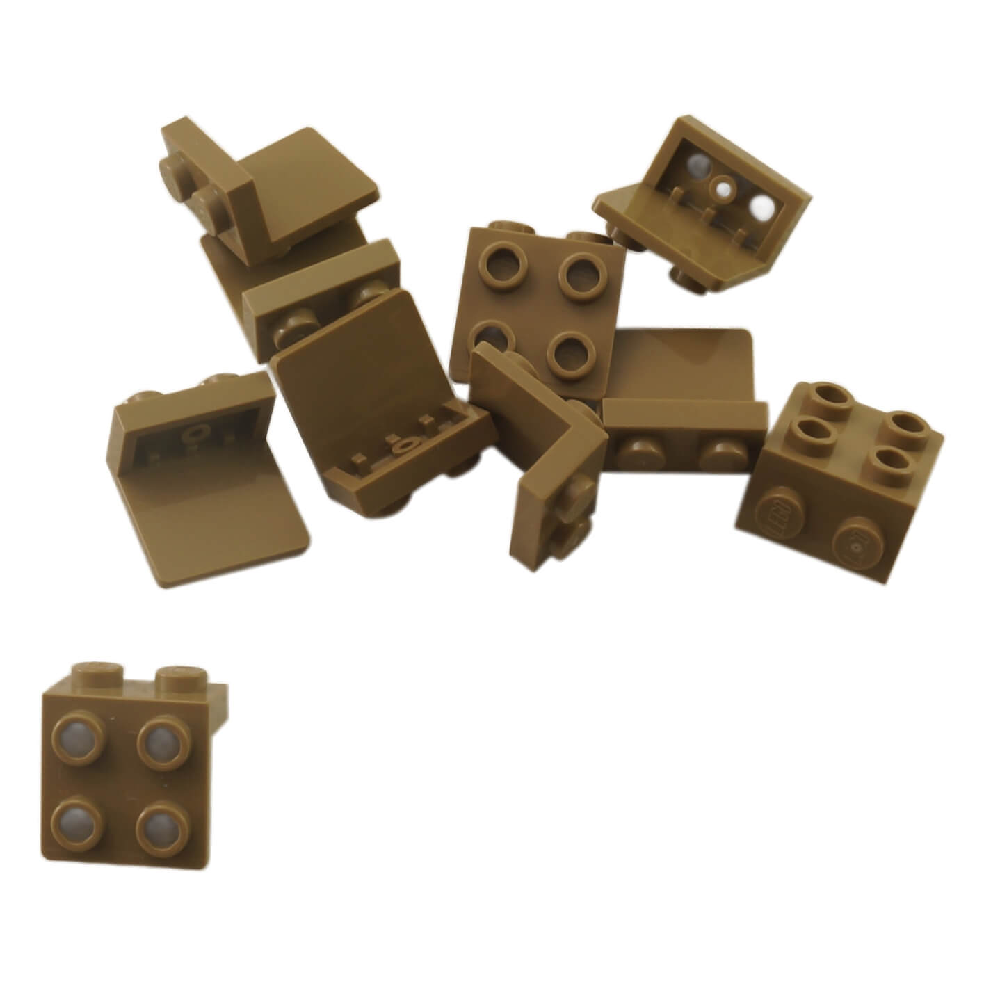 Pile of dark tan LEGO Bracket 1x2 - 2x2 pieces (44728) showing studded and hollow sides.