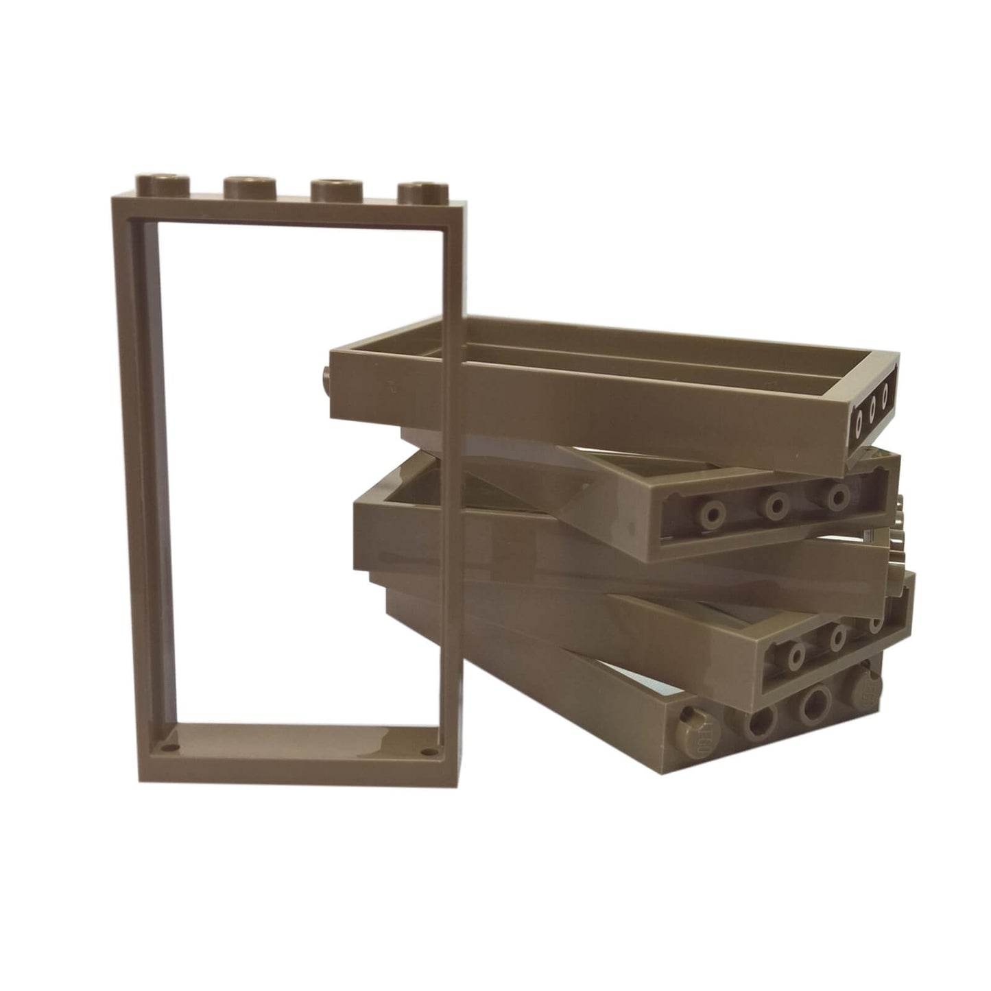 Group of dark tan LEGO Door Frame 1x4x6 Type 2 pieces (60596) shown from various angles.