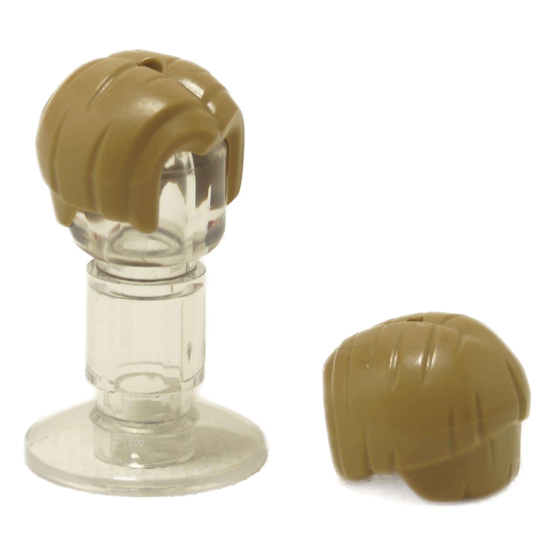 Dark tan minifigure bowl cut hair with center part and top hole, shown from side and rear on a clear stand
