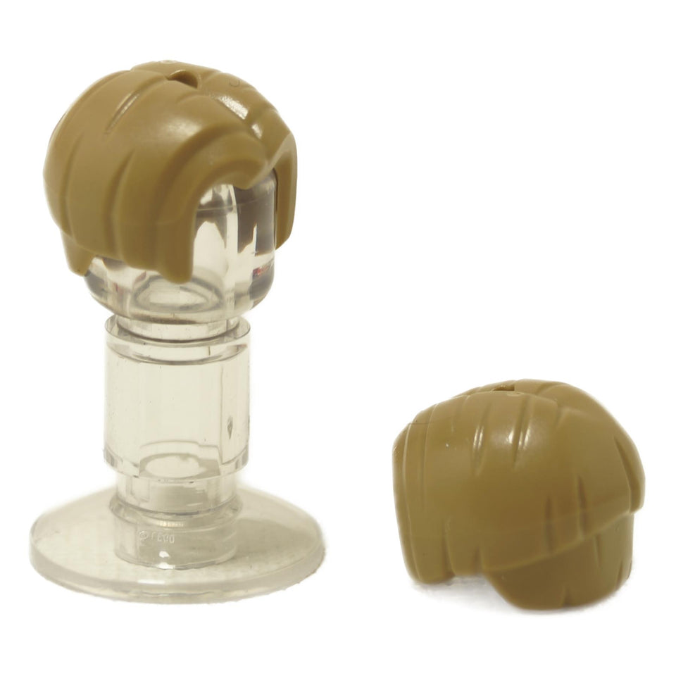 Dark tan minifigure bowl cut hair with center part and top hole, shown from side and rear on a clear stand
