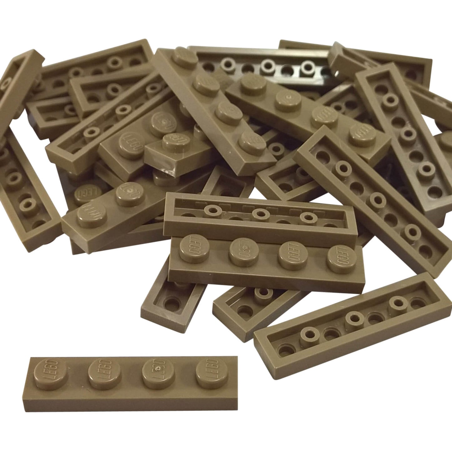 Dark tan 1x4 plate building piece with four studs for detailed minifigure scale builds
