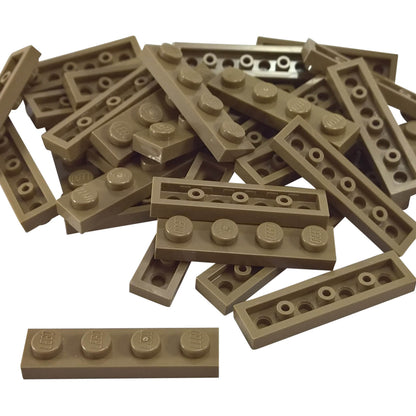 Dark tan 1x4 plate building piece with four studs for detailed minifigure scale builds
