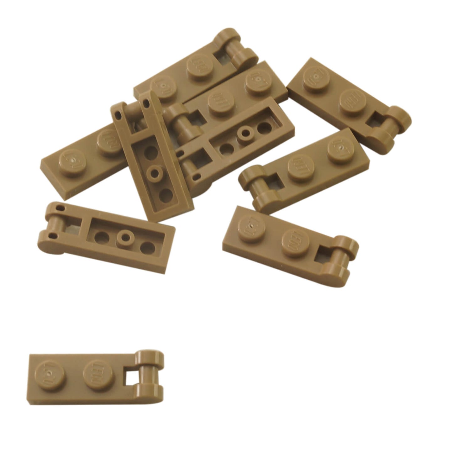 Dark Tan Plate Modified 1 x 2 with Handle on End and Closed Ends, part 60478, featuring a flat 1x2 plate base with an integrated end handle and smooth closed tips