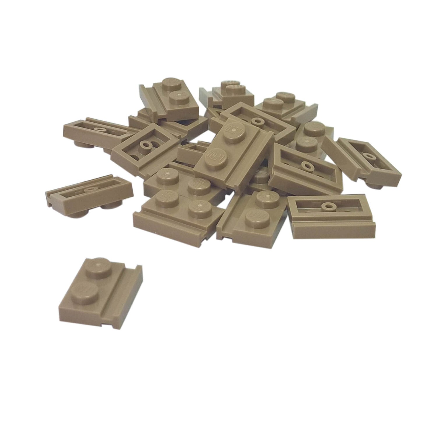 Dark tan modified Plate 1 x 2 with door rail for sliding doors, track guides, and compact wall builds
