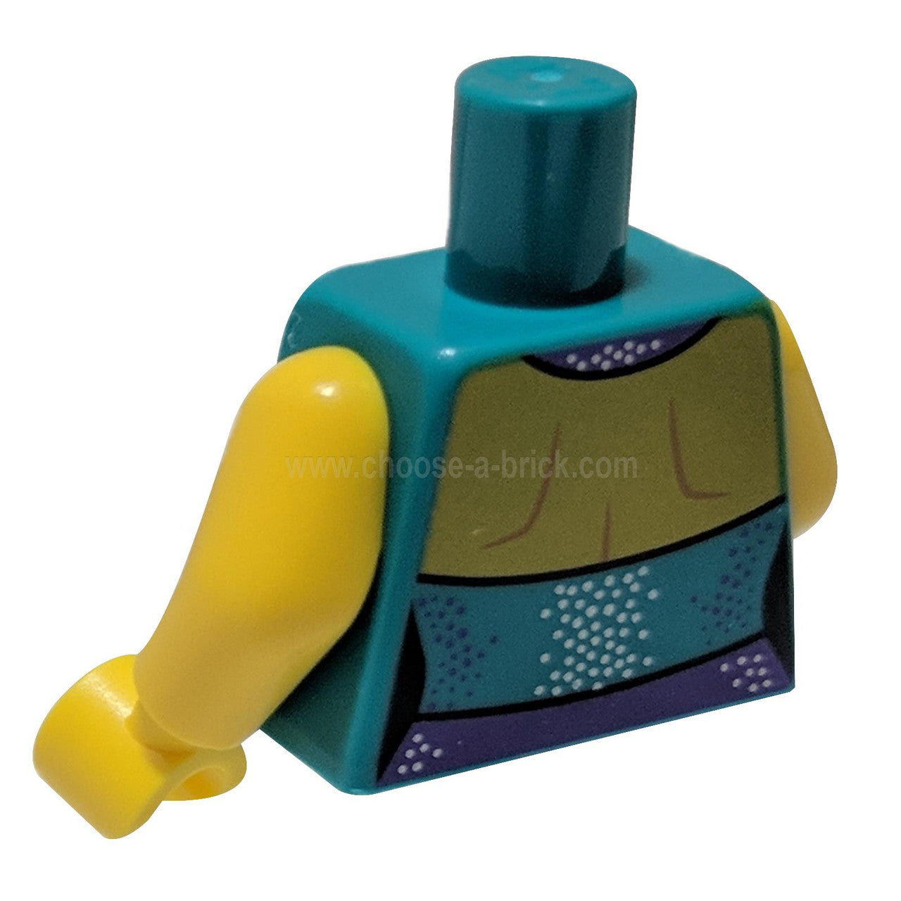 LEGO® dark turquoise female dress torso with purple collar and dot pattern backside