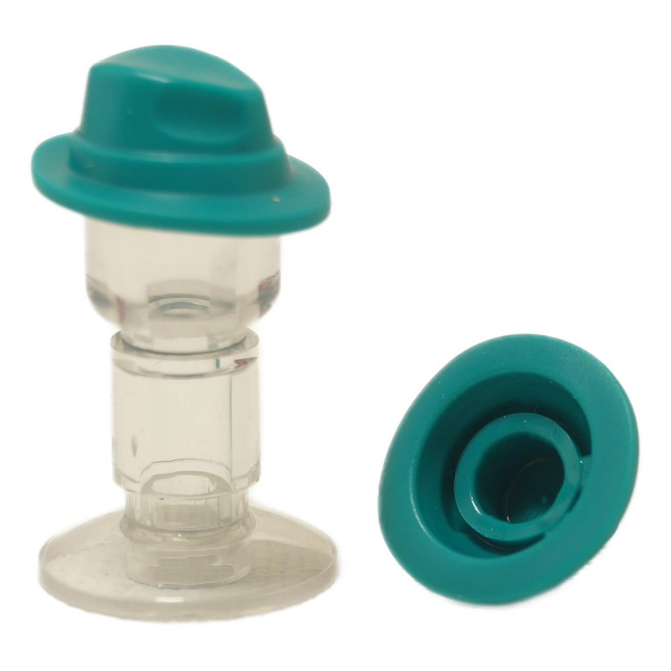 Dark turquoise minifigure narrow brim fedora hat, shown from top and side on a clear display stand
