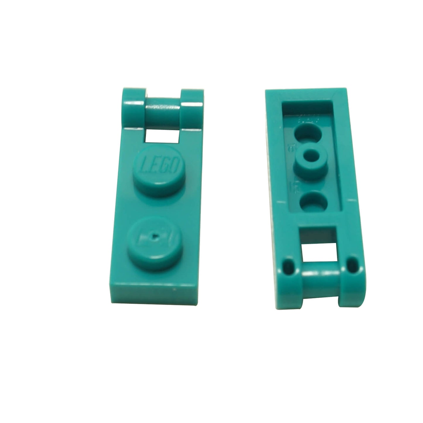 Dark Turquoise Plate Modified 1 x 2 with Handle on End and Closed Ends, part 60478, featuring a flat 1x2 plate base with an integrated end handle and smooth closed tips