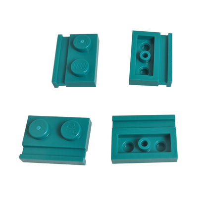 Dark turquoise modified Plate 1 x 2 with door rail for sliding doors, track guides, and compact wall builds
