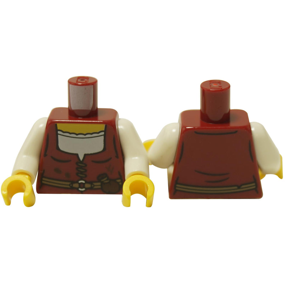 LEGO® medieval female torso with red dress, white shirt, and dark tan belt with pouch