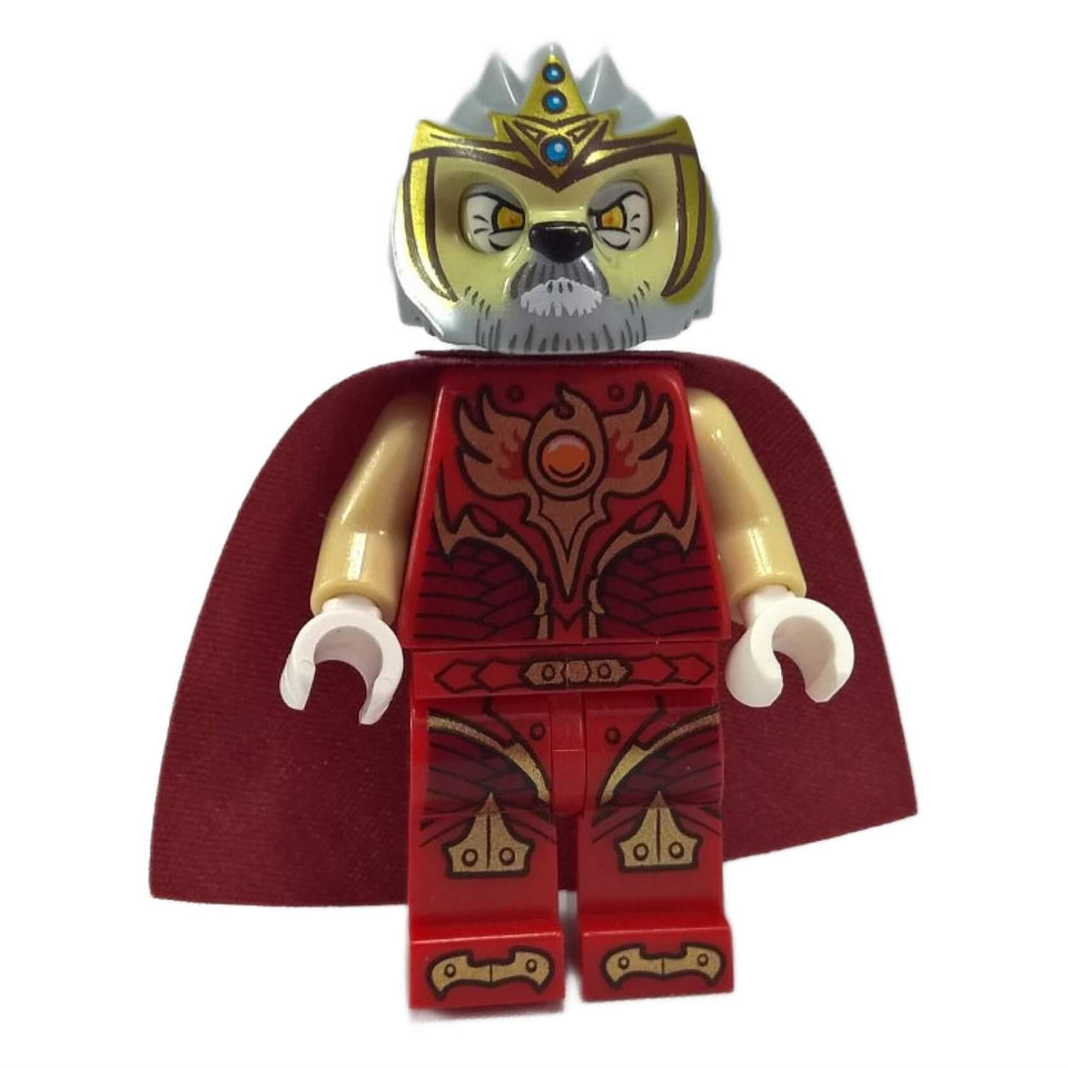 Front view of LEGO Chima King Lagravis minifigure (loc097) in red armor, tan arms, and gold lion mask headpiece.