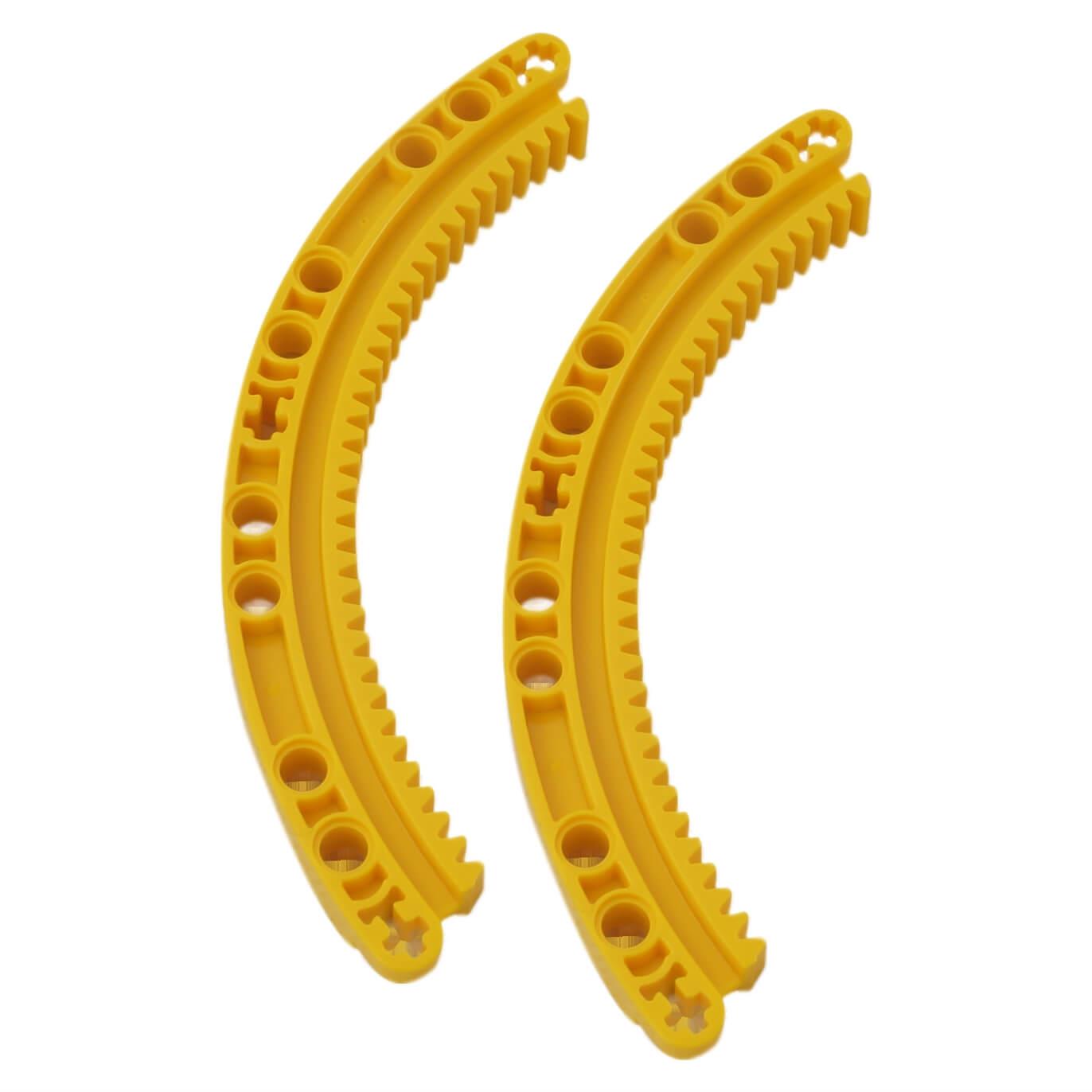 Two bright yellow LEGO Technic Curved Gear Rack 11x11 pieces (24121) shown against a white background.