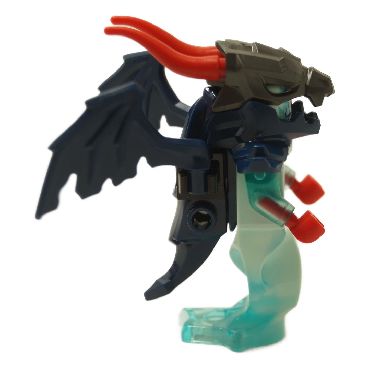 Side view of LEGO® NINJAGO Spectral Dragonian Warrior with translucent legs, horned helmet, and ghost wings from set 71843
