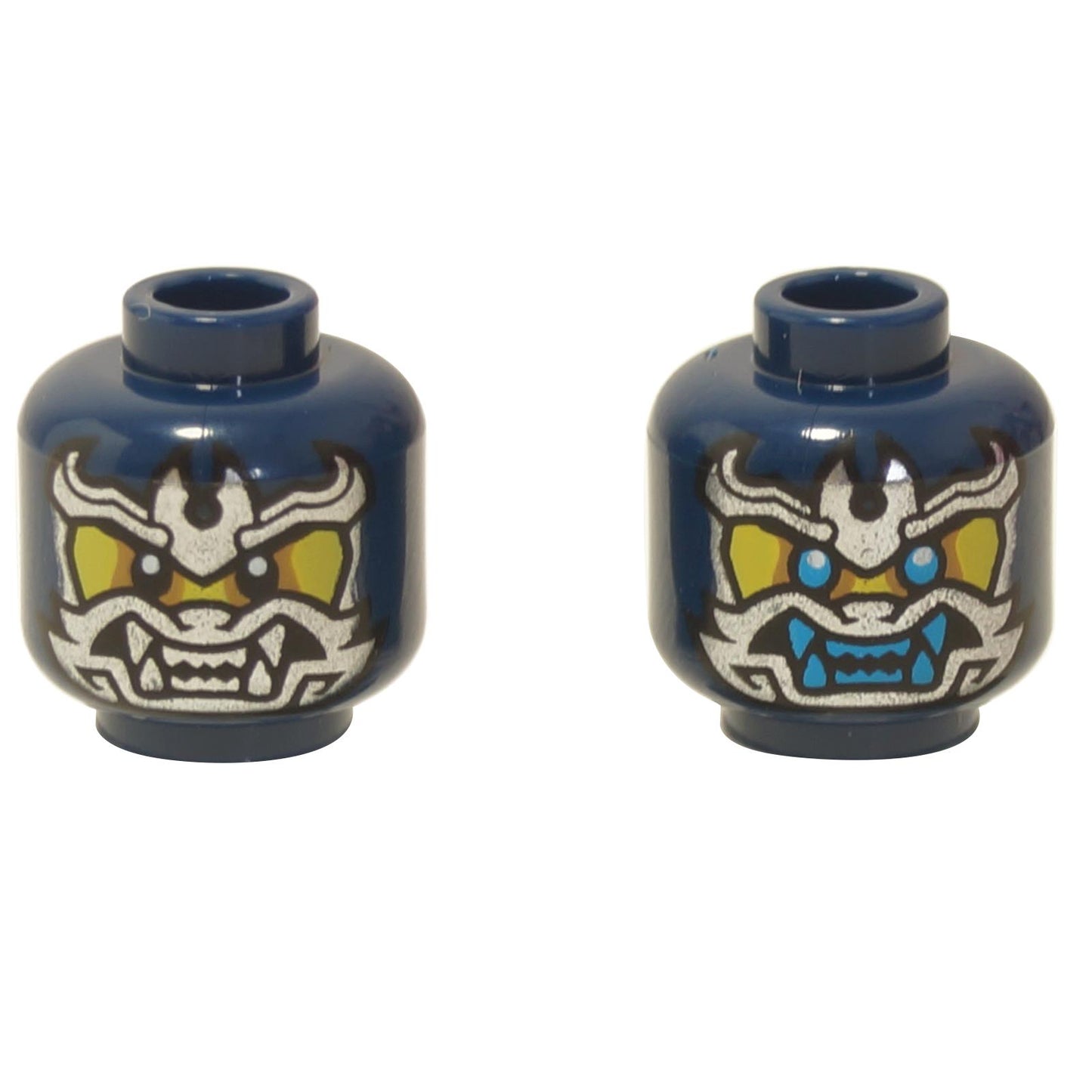 Front and back views of the LEGO® dual-sided minifigure head (3626pb3542) in dark blue, featuring a fierce samurai mask design with metallic silver details, one side showing yellow eyes and the other bright blue eyes.