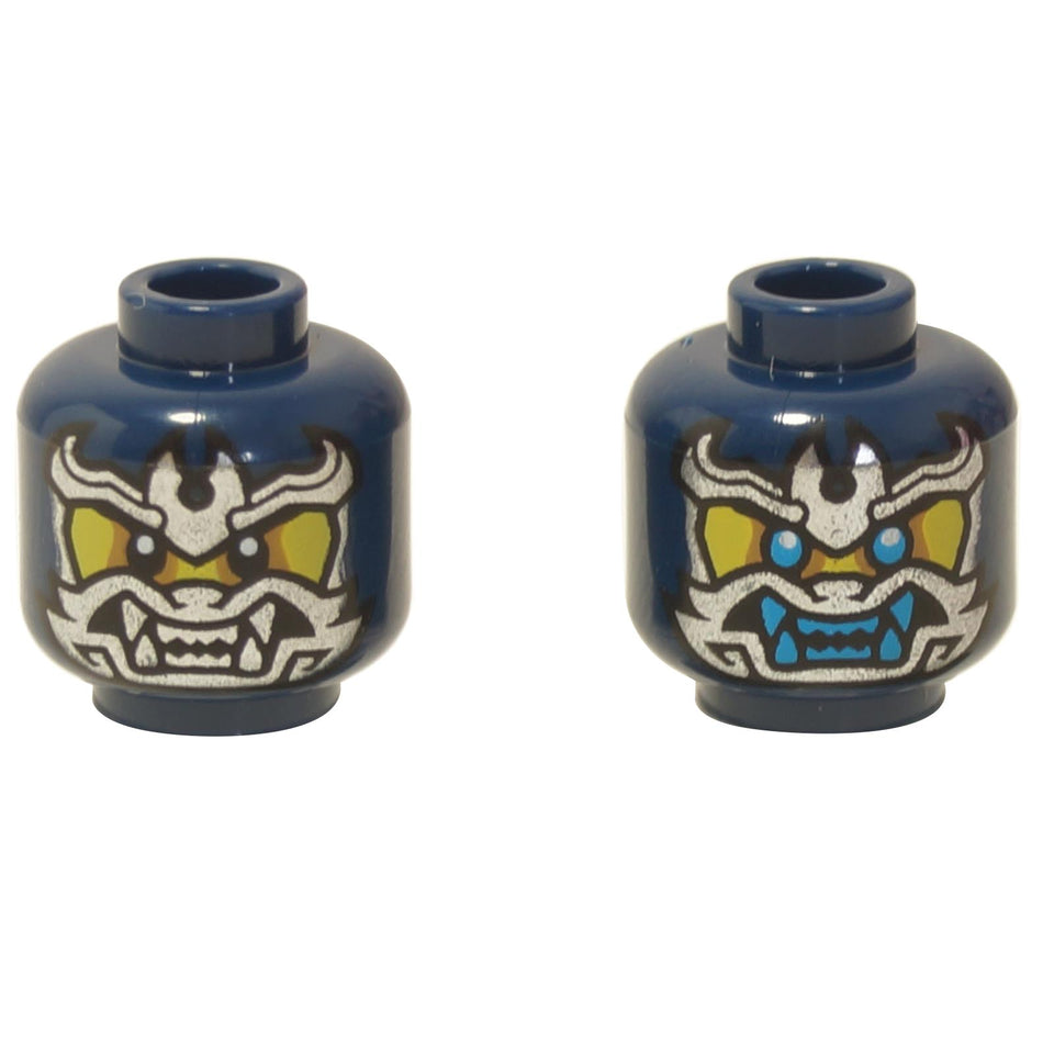 Widoki z przodu i z tyłu LEGO® dwustronna głowa minifigurki (3626pb3542) w kolorze ciemnoniebieskim, z wyrazistą maską samuraja z metalicznymi srebrnymi detalami, z jednej strony żółte oczy, a z drugiej jasnoniebieskie oczy.