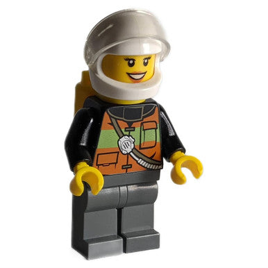 Female firefighter with yellow airtank and peach lips