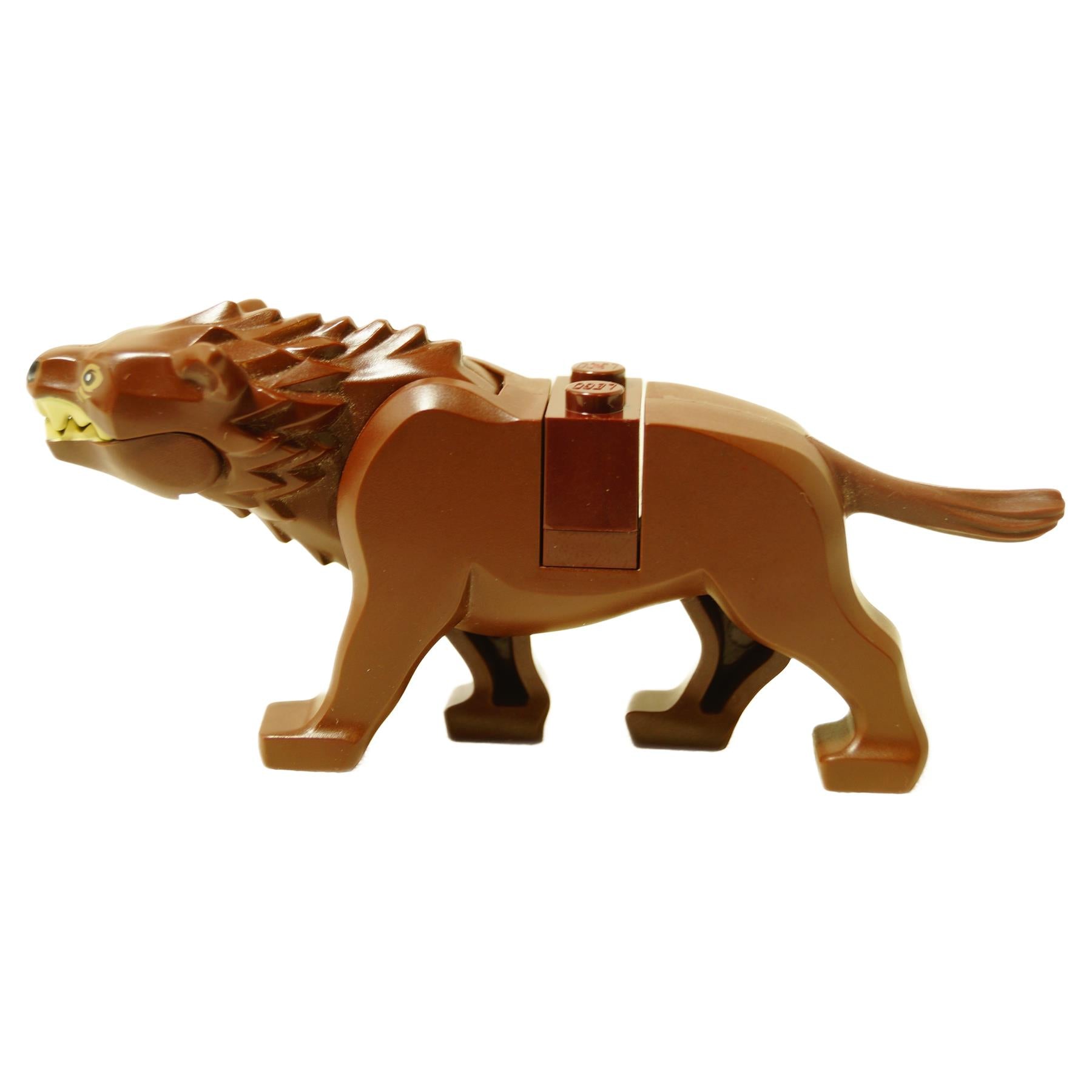 Second side view of the dark brown LEGO Warg creature, showing studded connections on its back for accessories.