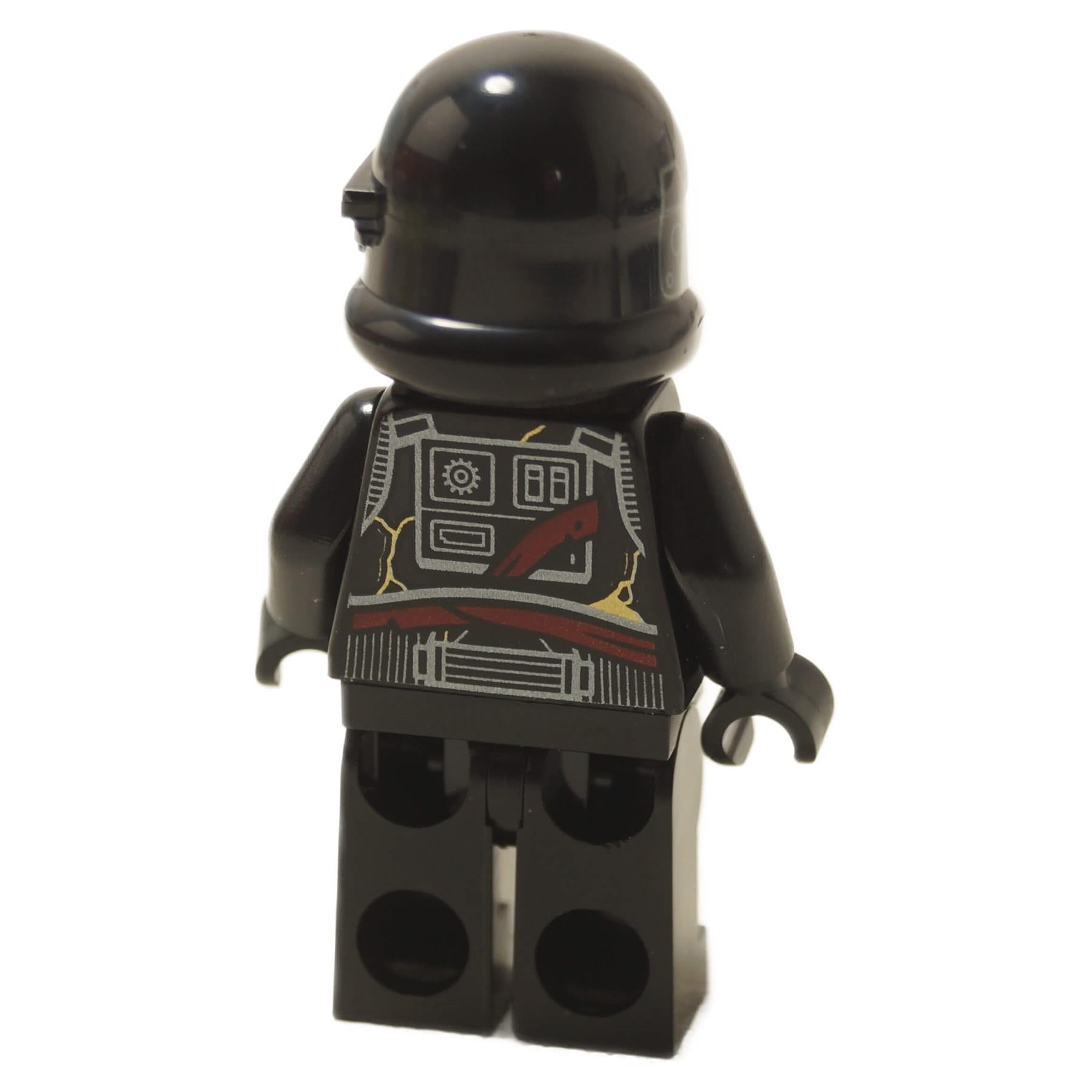 Minifigura de Death Trooper vista trasera mostrando el estampado de la armadura negra en la parte posterior con detalles de panel técnico
