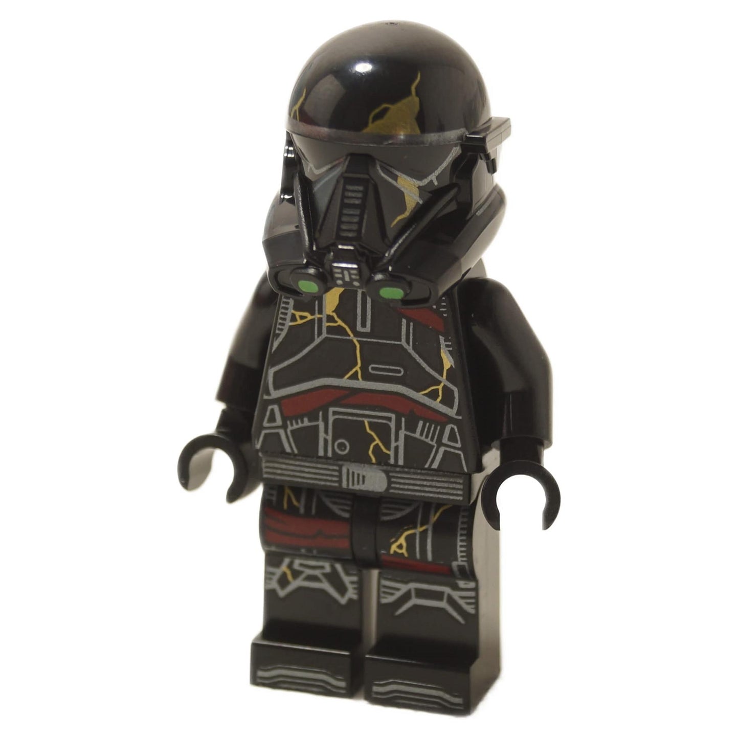Minifigura de Death Trooper vista frontal en ángulo, con armadura negra y detalles en el visor verde y estampado agrietado
