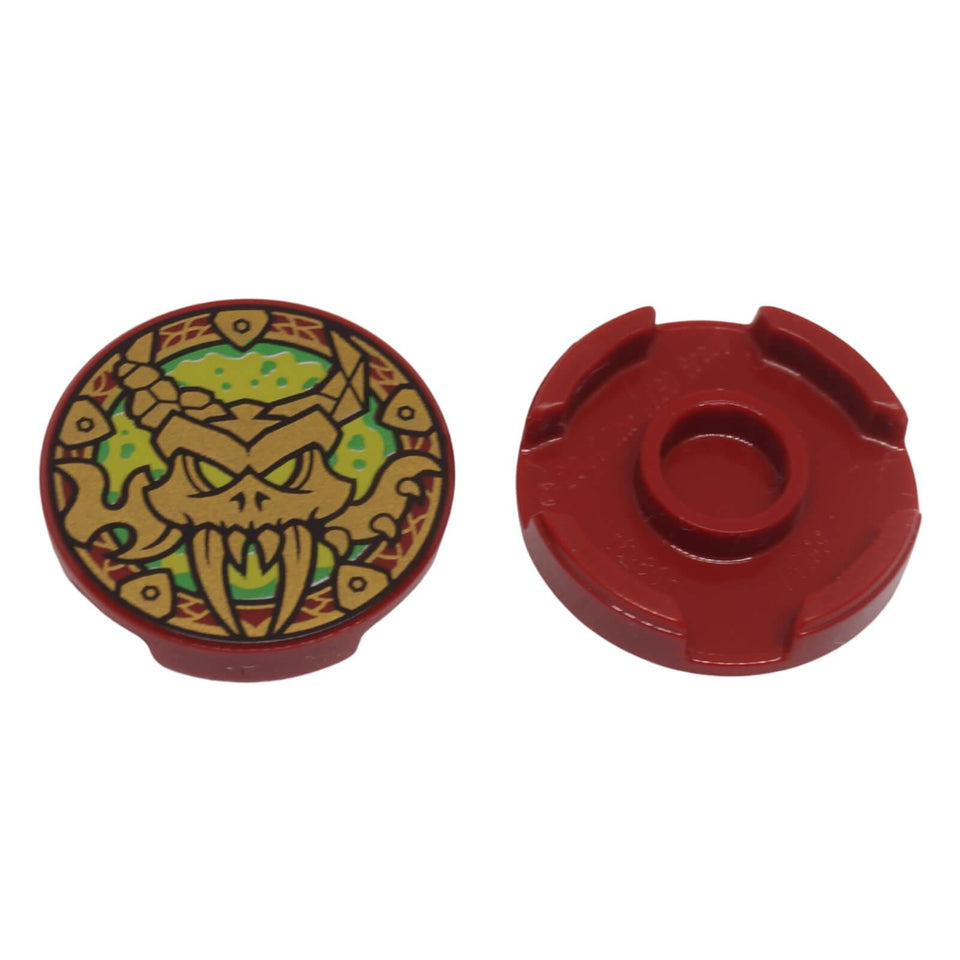 LEGO decorated round tile 14769 with bottom stud holder in dark red