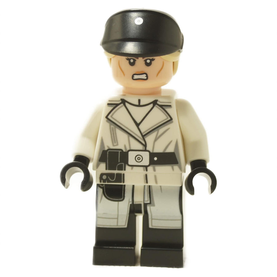 Dedra Meero minifigure front view in light gray uniform with black belt, printed torso, and black cap
