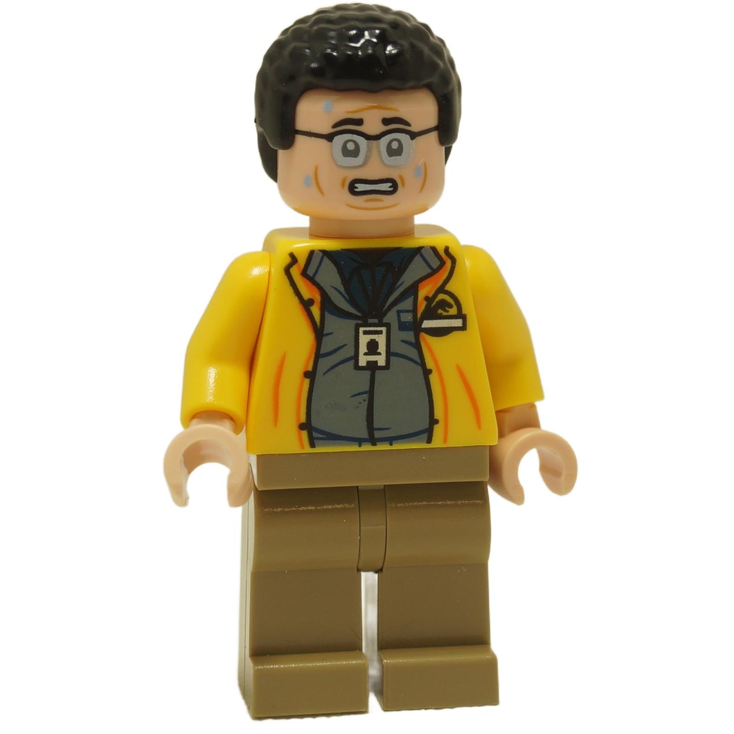 LEGO® Jurassic World Dennis Nedry minifigure jw106 wearing a yellow jacket over a dark blue undershirt with nervous facial expression
