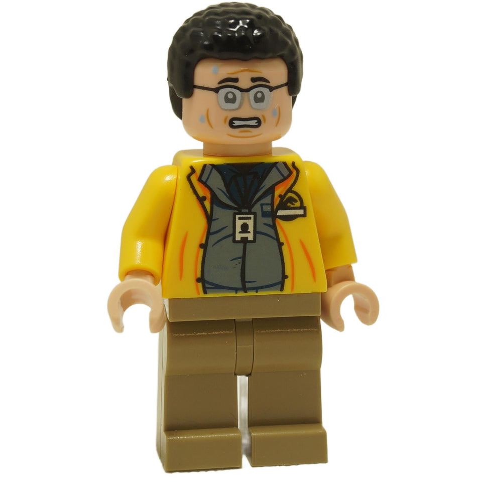 LEGO® Jurassic World Dennis Nedry minifigure jw106 wearing a yellow jacket over a dark blue undershirt with nervous facial expression
