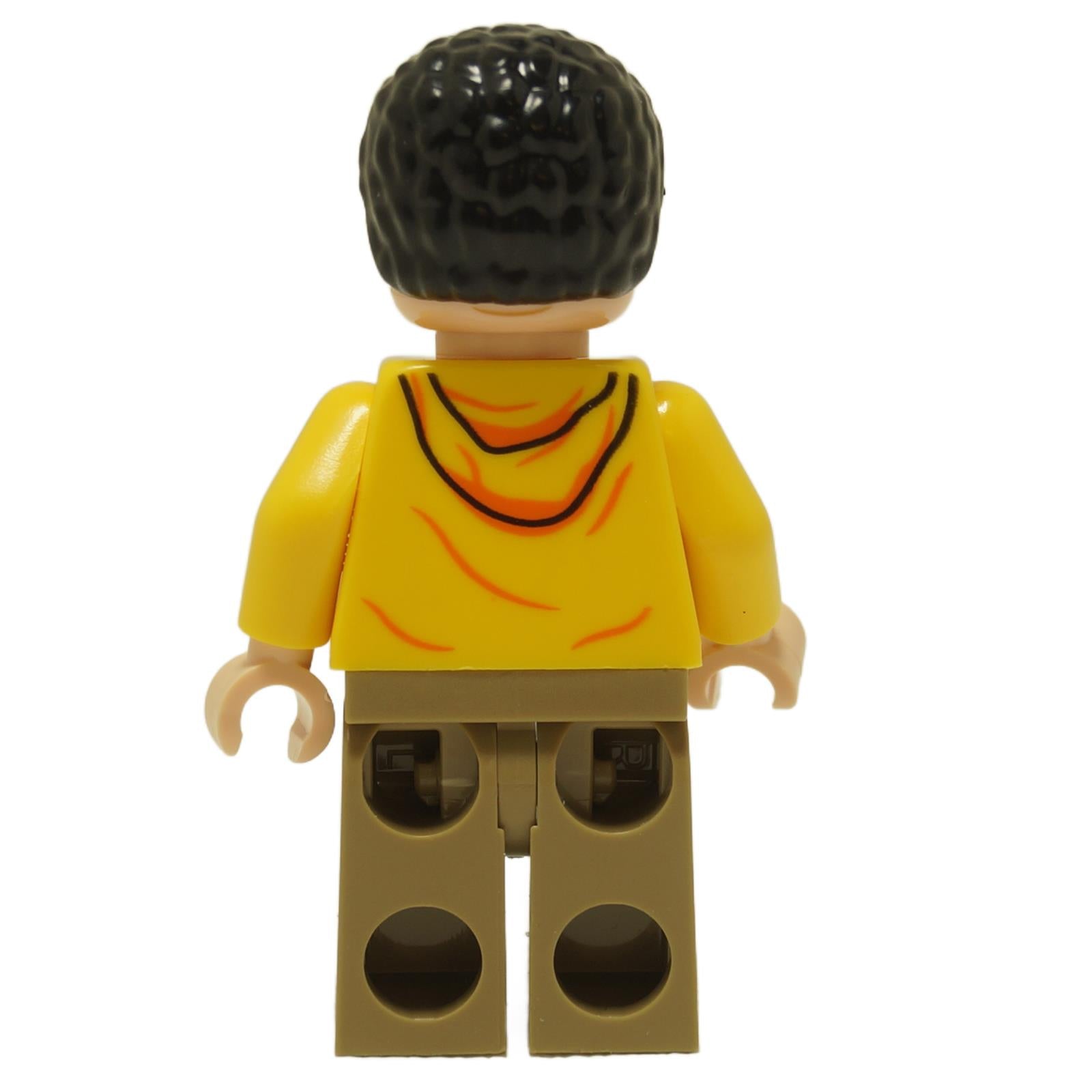 Back view of LEGO® Jurassic World Dennis Nedry minifigure jw106 wearing a yellow jacket and tan legs
