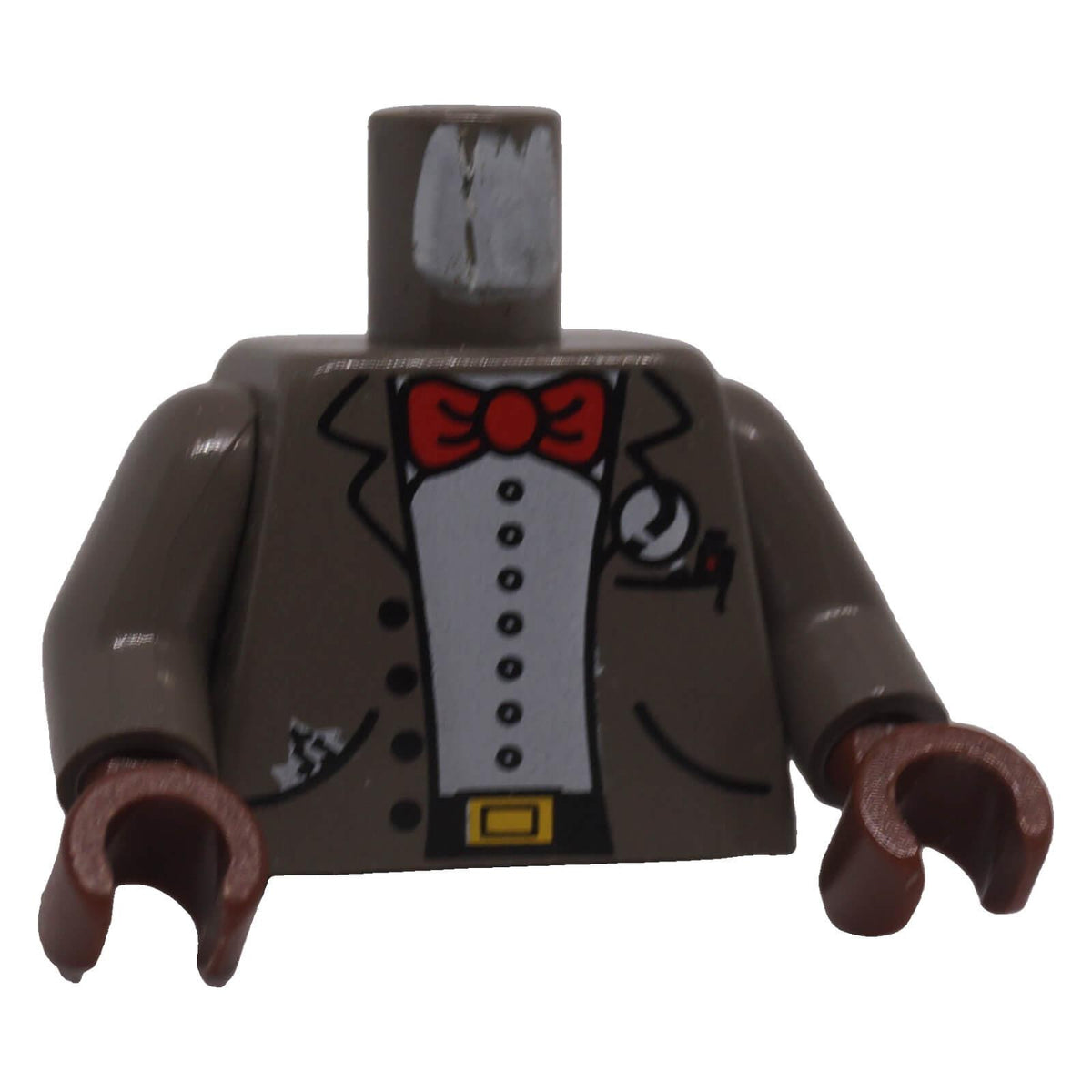 LEGO dark gray jacket torso 973px184c01 with red bow tie and magnifying glass
