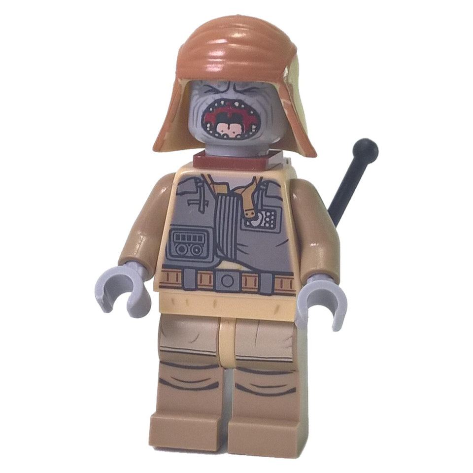 Front view of LEGO Star Wars Pao minifigure (sw0798) with grey alien face, open mouth, and tan vest.