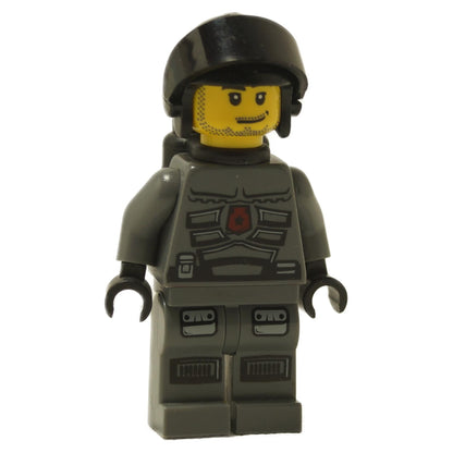 LEGO® Space Police III Officer 5 minifigure (sp099) standing facing forward, featuring dark bluish gray armor with red chest emblem, black helmet, and yellow head with stubble. Displayed on a white background. 