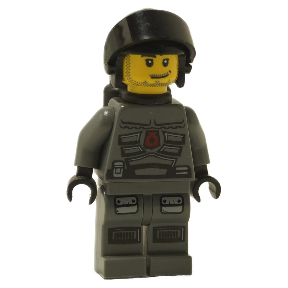 LEGO® Space Police III Officer 5 minifigure (sp099) standing facing forward, featuring dark bluish gray armor with red chest emblem, black helmet, and yellow head with stubble. Displayed on a white background. 