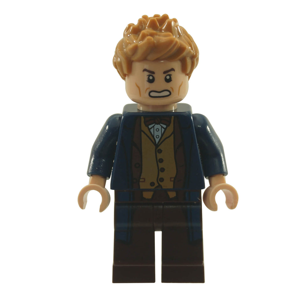 LEGO® Newt Scamander minifigure with angry expression, dark blue coat, and printed waistcoat from Fantastic Beasts series