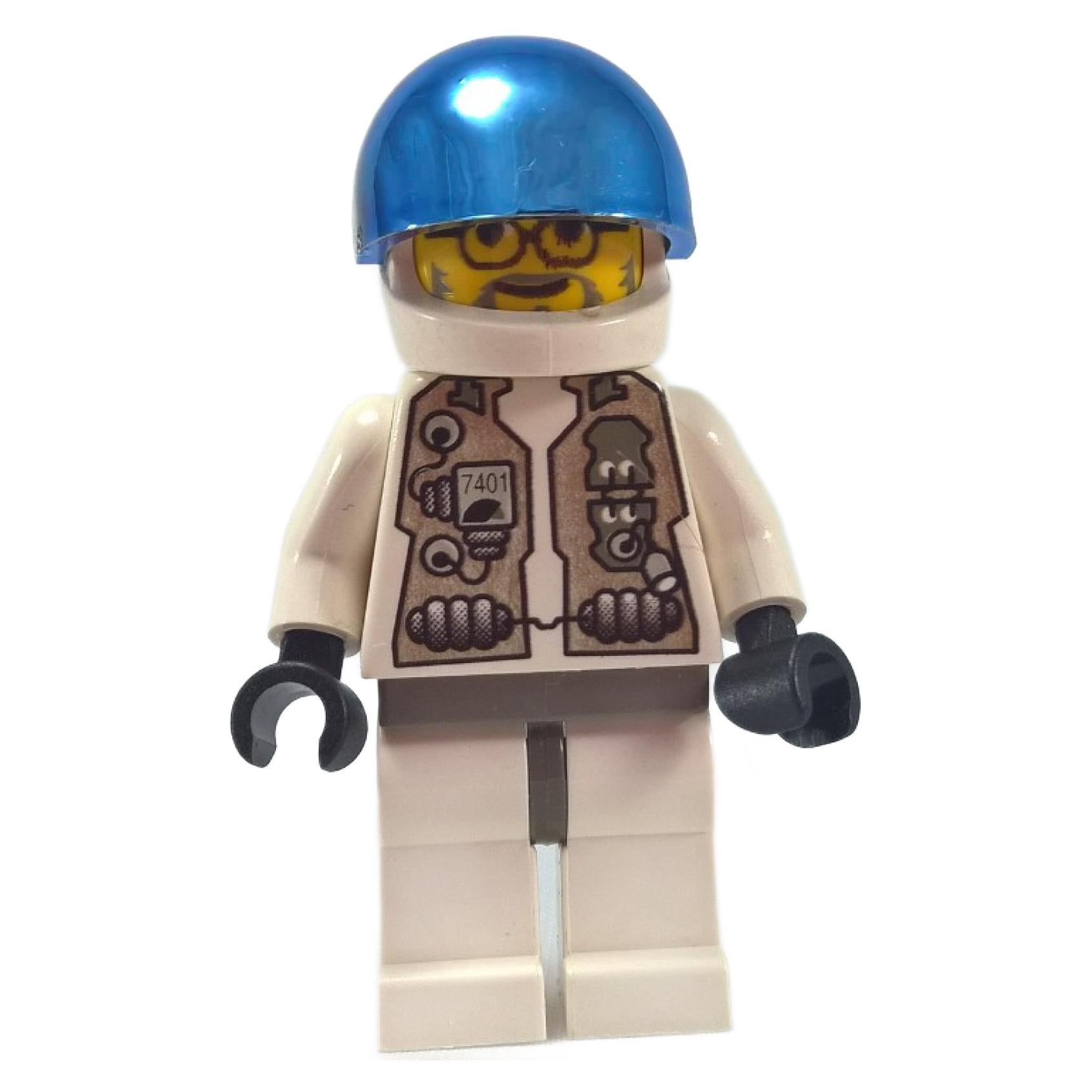 Doc minifigure front view wearing white outfit with printed torso, blue helmet, and yellow glasses face
