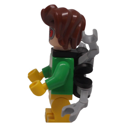 LEGO Doc Ock sh0796 left side view with mechanical arm backpack and reddish-brown hair