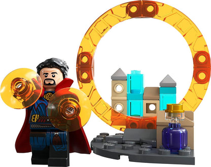 LEGO Doctor Strange minifigure, orange portal, street scene, front view