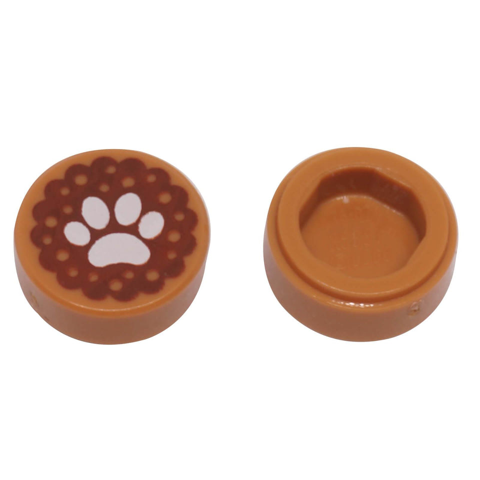 LEGO Round 1x1 tile with white paw print and dog biscuit decoration part 98138pb055