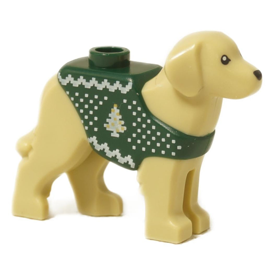 LEGO® Tan Labrador Dog figure wearing a printed dark green Fair Isle Christmas sweater.