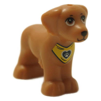 Dog figure with shaggy fur wearing yellow bandana and heart print on body, standing pose
