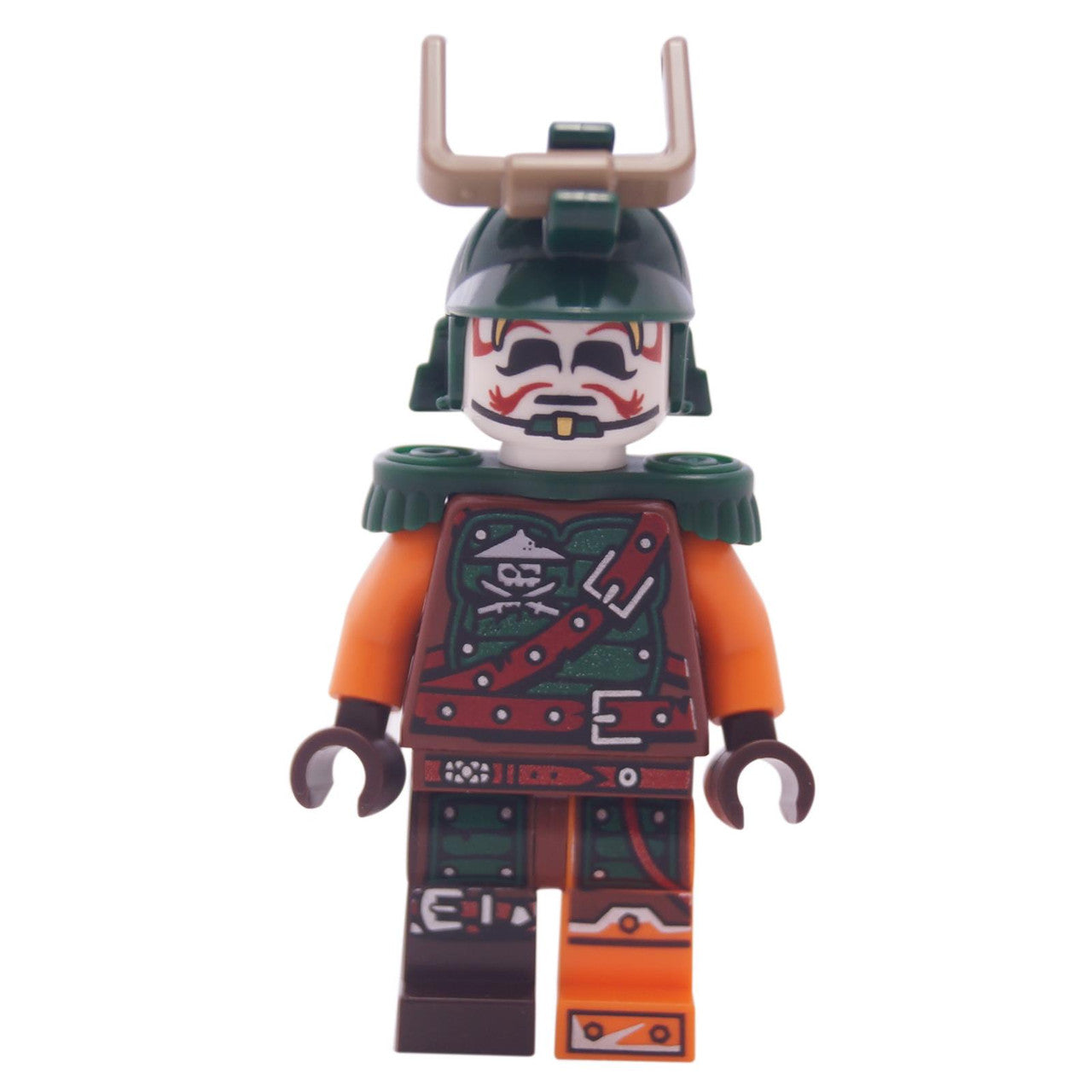 Doubloon minifigure wearing a horned helmet, printed armor with epaulettes, and detailed pirate-style outfit
