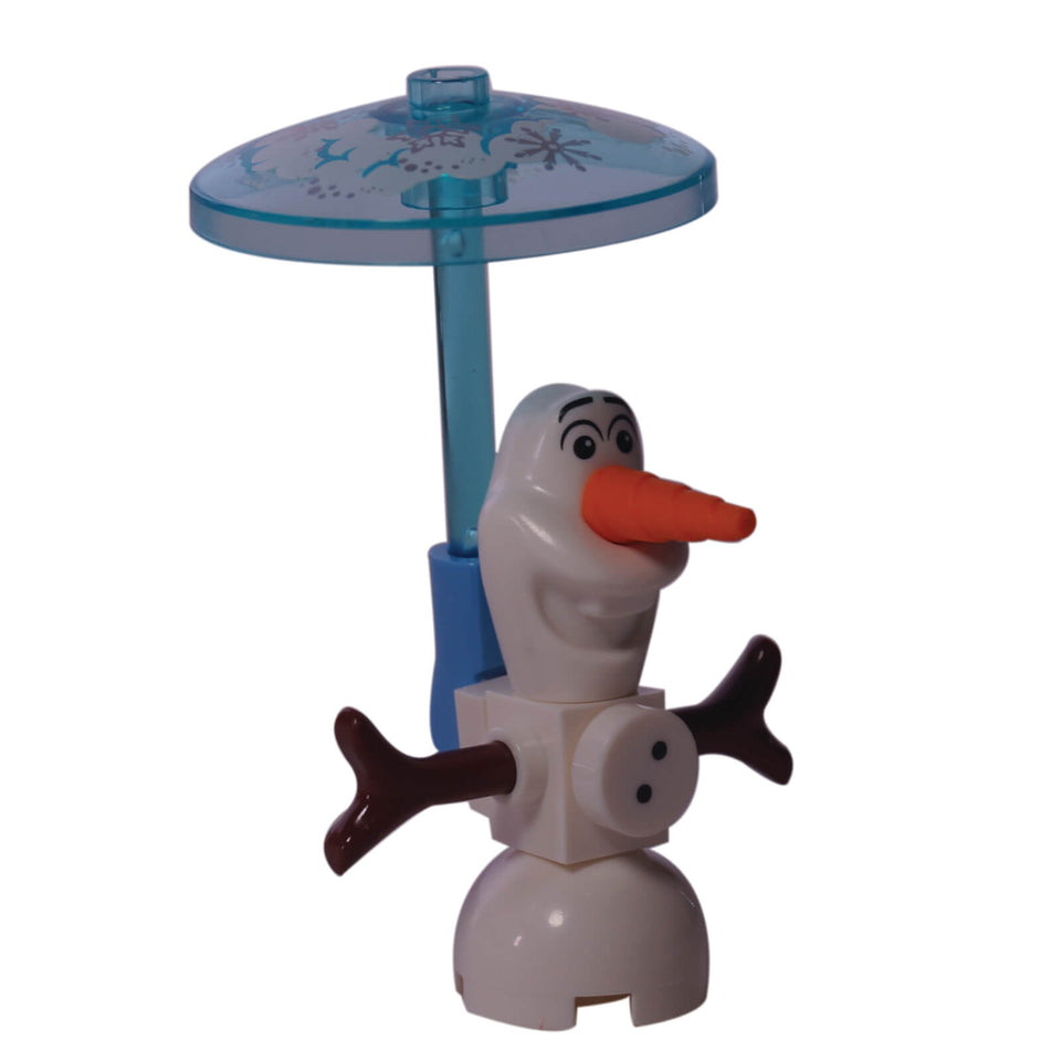 LEGO® Olaf minifigure with printed buttons, clip on back, and translucent blue umbrella with snowflake pattern.