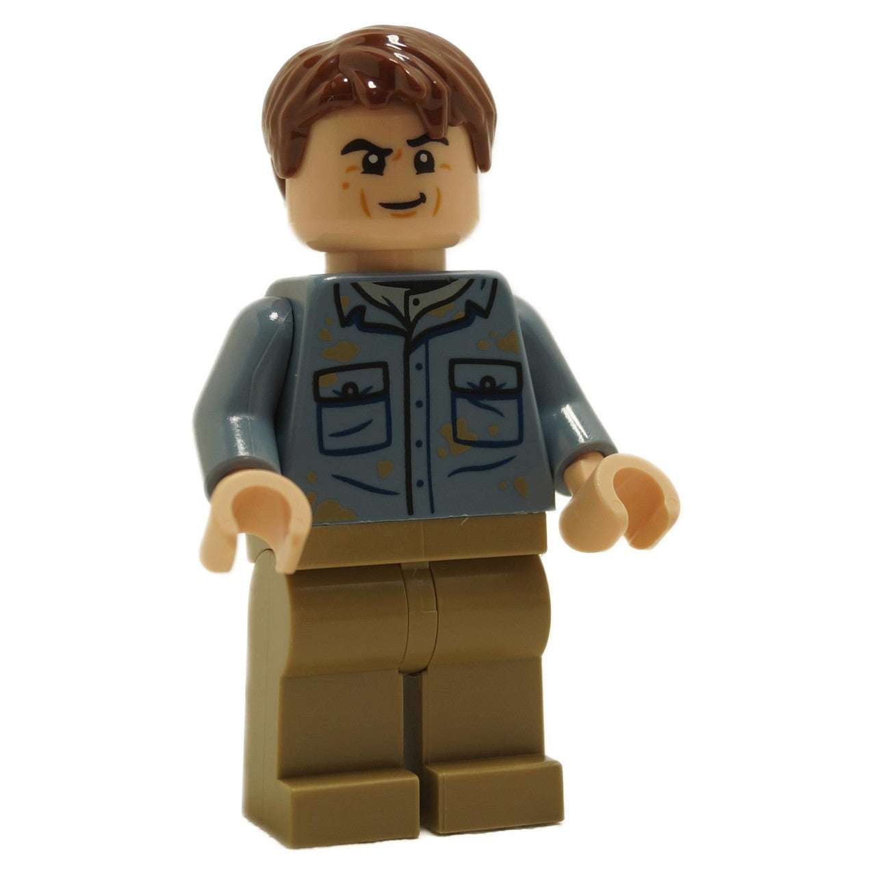 LEGO Dr. Alan Grant minifigure jw111 in a dirt-stained blue shirt and tan pants.