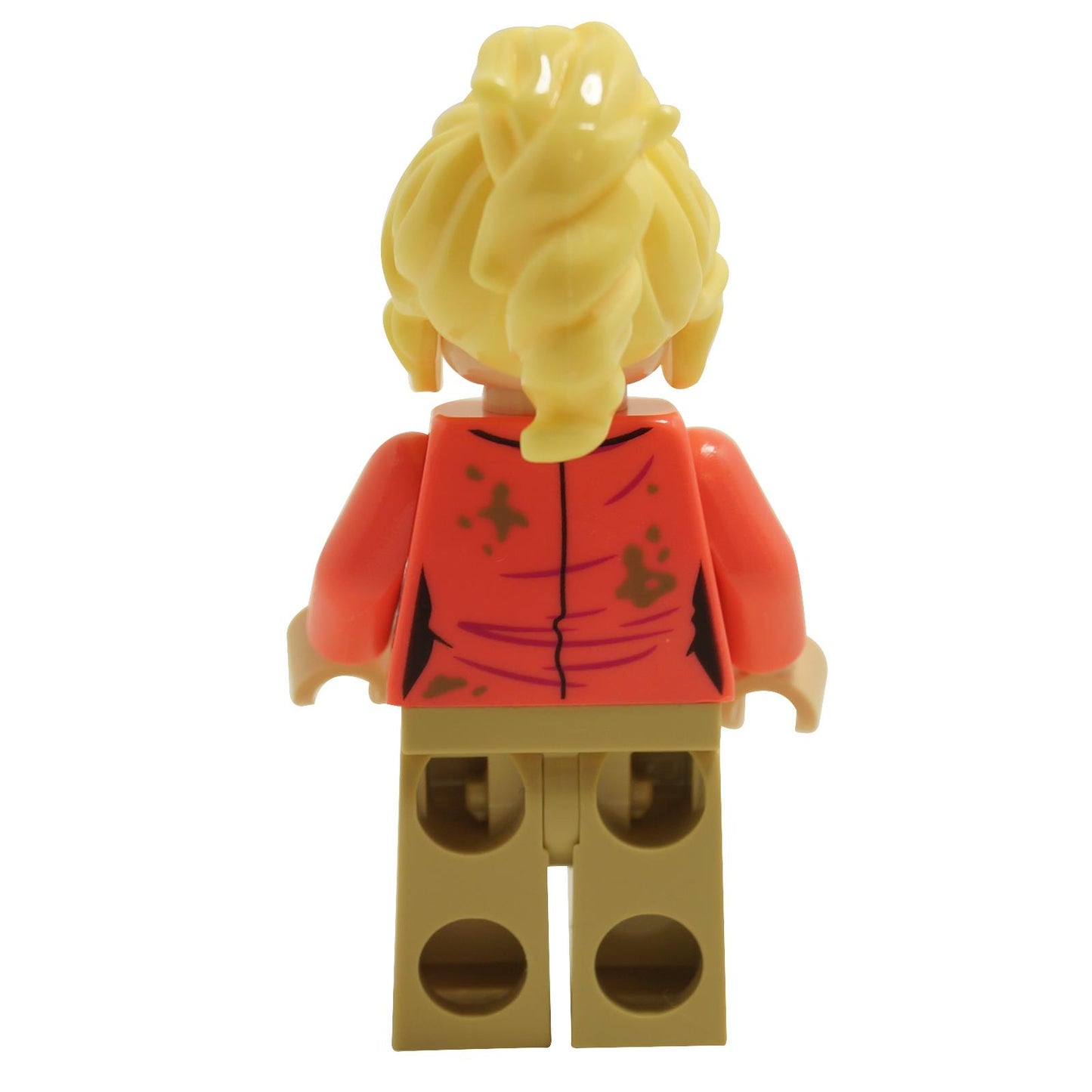 Back view of LEGO® Jurassic World Dr. Ellie Sattler minifigure with coral shirt printed with dark tan dirt spots and ponytail hairstyle
