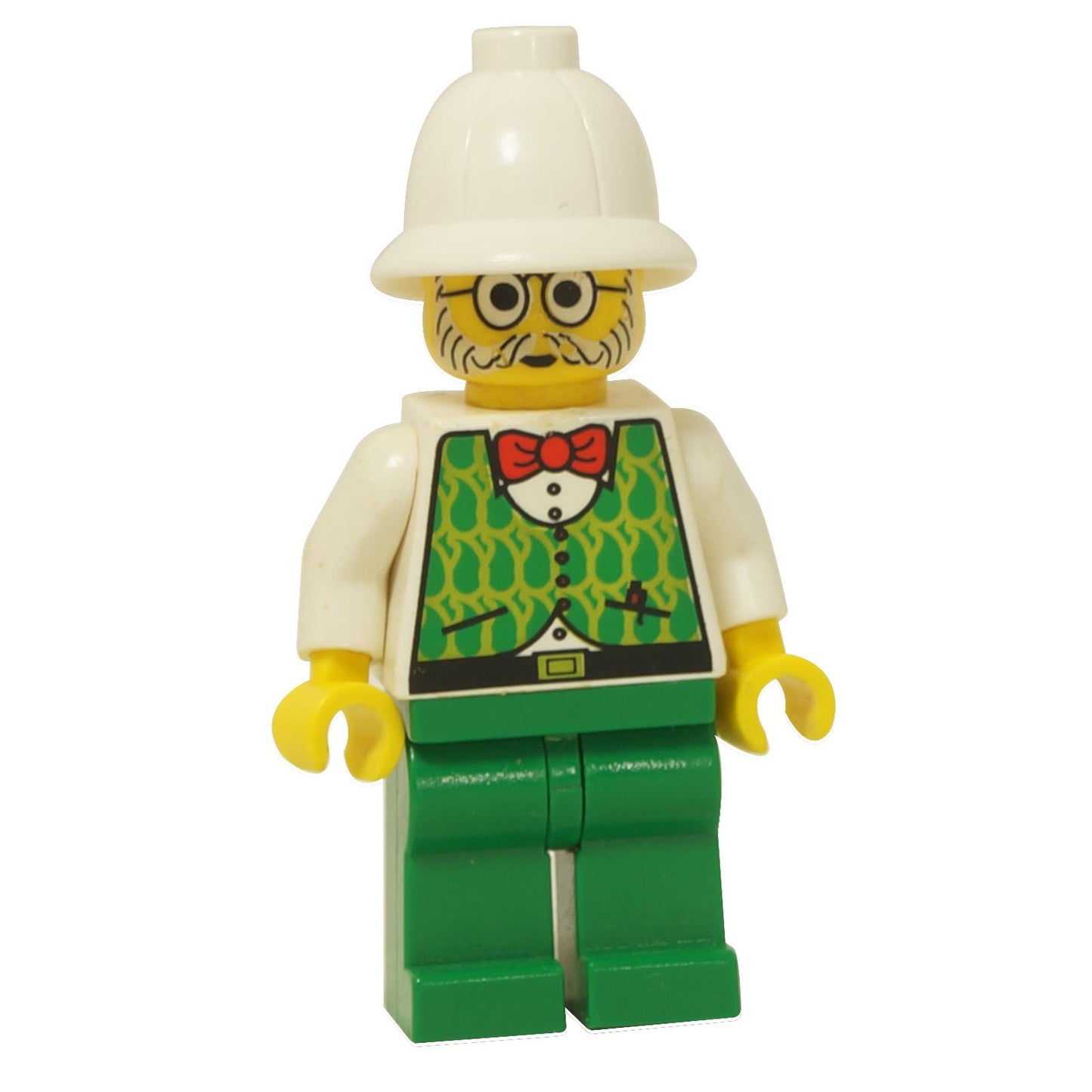 LEGO minifigure Dr. Kilroy with green vest, green legs, and a white pith helmet.