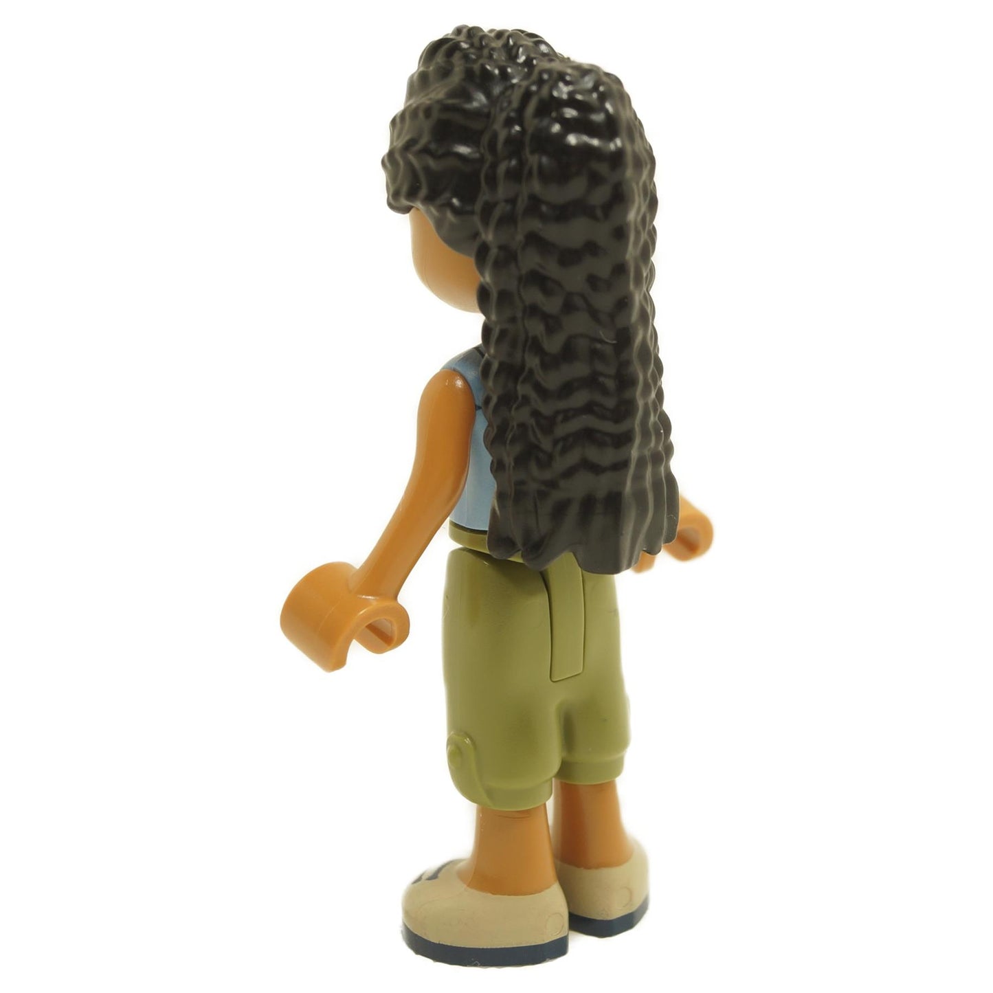 Back view of LEGO® Friends Dr. Makena mini-doll frnd528 showing long textured dark hair and olive green pants