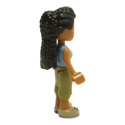 Side view of LEGO® Friends Dr. Makena mini-doll frnd528 veterinarian character with dark hair, teal medical top and dark pants