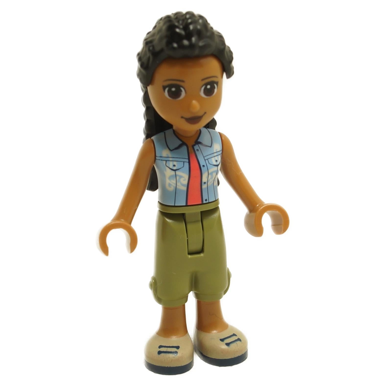 LEGO Friends minifigure, Dr. Makena, with olive green trousers, tan shoes, and a bright light blue vest over a coral shirt.