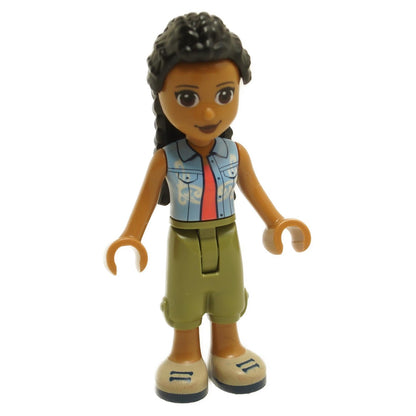 LEGO Friends minifigure, Dr. Makena, with olive green trousers, tan shoes, and a bright light blue vest over a coral shirt.