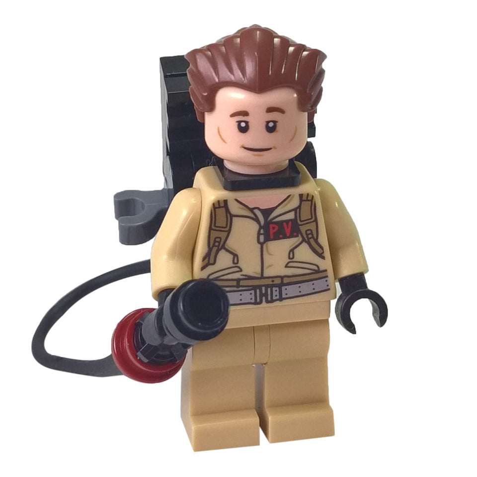 LEGO® Dr. Peter Venkman Minifigure with proton pack and blaster, front view