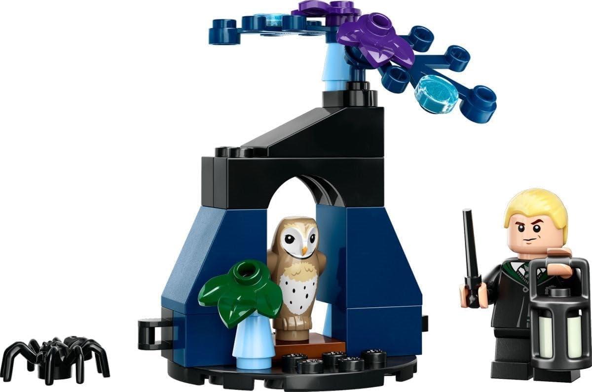 LEGO Draco Malfoy minifigure, owl, spider, Forbidden Forest build, front view