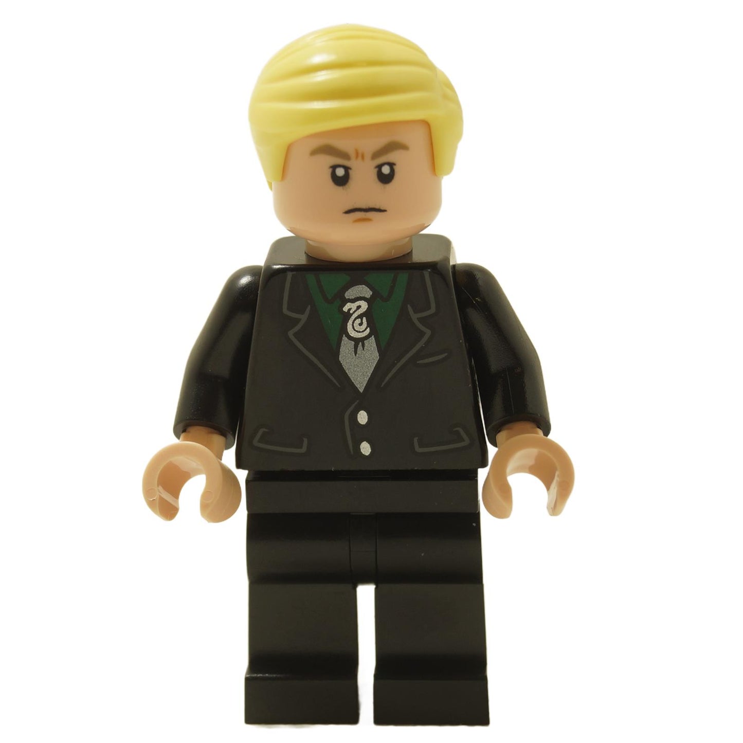 LEGO® Harry Potter Draco Malfoy minifigure hp412 wearing a black suit with Slytherin tie and angry facial expression
